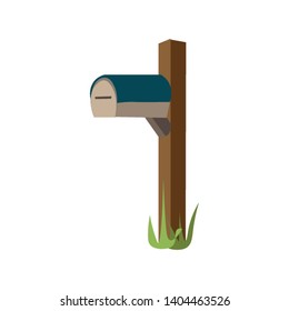 A light brown mailbox with a blue top attached to a dark brown post, vector, color drawing or illustration. 