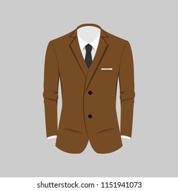 Light brown man suit with gray tie and white shirt on grey background. Business suit