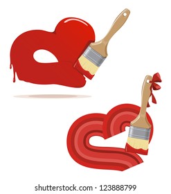 Light brown paintbrush and painted red hearts. Simple conceptual illustration.