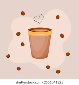 Light brown paper coffee cup on a beige background with heart-shaped steam and falling coffee beans, evoking warmth, coziness, and the aroma of delicious beverage.
