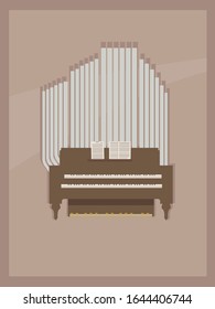 Light brown postcard with small room wooden brown organ  with two keyboards for hands and one for legs vector illustration.