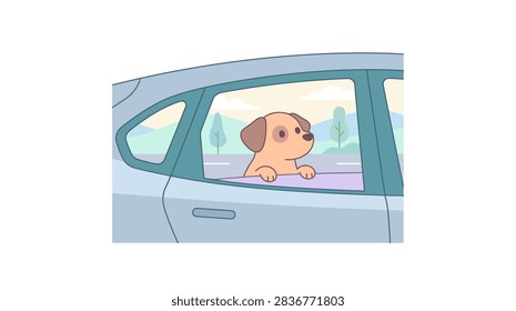 A light brown puppy with floppy ears resting its paws on the window sill of a blue car