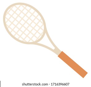 Light brown racket with wooden handle for tennis or badminton isolated on white background. Professional sport equipment concept vector illustration