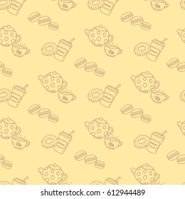 Light brown seamless pattern with cups of tea and coffee