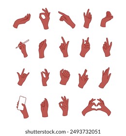 Light Brown Skin Silhouette Woman Gesture Hands Sign Thin Line Icon Set. Vector illustration of Linear Icons