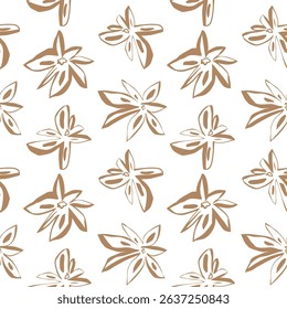 Light brown star anise flower pattern on white background with hand drawn line art spices seamless design