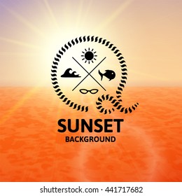 Light brown sunset with orange water sea surface, perspetive landscape in sunny fog, soft vibrant multicolored vector background illustration