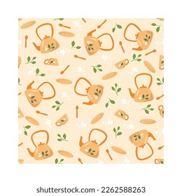 light brown tea set seamless pattern. Vector seamless pattern for fabric, gift wrapping paper and wallpaper. Tea set with tea leaves and jasmine pattern.