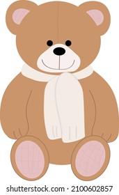 Light brown teddy bear in a scarf on a white background. Vector, flat style.