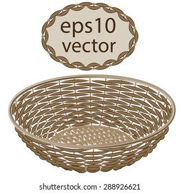 Light brown vector round wicker basket handmade with frame on white background