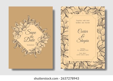 Light brown wedding invitation with ornamental magnolia flower, two concepts design for flexibility usage.