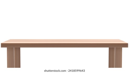 Parqué marrón claro, mesa de contraposición en 3d aislada en un fondo blanco. Vista frontal sobre el escritorio con una superficie de textura de madera. Elementos de mobiliario realistas para el stand de presentación o podio, mesa de cocina.
