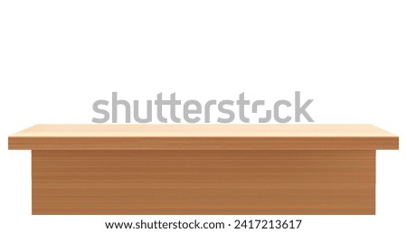 Light brown wooden 3d table countertop isolated on white background. Foreground view on desk with wood texture surface. Realistic furniture element for presentation stand or podium, kitchen tabletop.