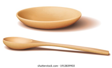 Light brown wooden Bowl and wooden spoon with realistic shadow