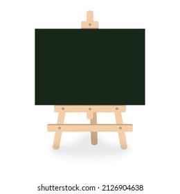Light brown wooden easel isolated on white background with place for your text with empty black horizontal canvas mock up, used for advertising, art education, gallery exhibition