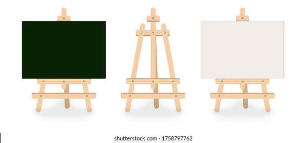 Light brown wooden easels set isolated on white background with place for your text with empty blank vertical canvas mock up, used for advertising, art education, gallery exhibition