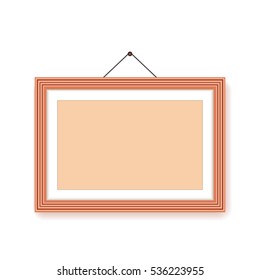 Light brown wooden frame template with passepartout, strings, nail, shadow and empty place for picture,  vector mockup