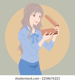 A light brown-haired girl who looks into the gift box and is very happy