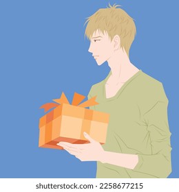 Un hombre de pelo marrón claro sostiene una caja de regalo de color naranja