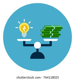 Light Bubble And Money Stack On Scales Icon Web Button Isolated On Blue Round Background Flat Vector Illustration