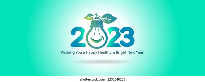 Light bulb with 2023 happy new year  concept design. Happy Innovative creative concept with smile and green leaf illustration on green background.
