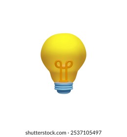 Light bulb 3D cartoon plastic style vector icon. Render electric energy, lighting, illumination. Shiny bright idea or innovative solution symbol. Yellow incandescent bulb isolated on white