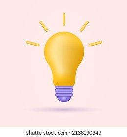 Light bulb 3d icon. Electric lamp, loghtbulb sign. Idea, creative innovation, inspiration, business solution symbol. Vector illustration.