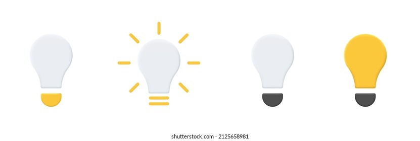 Light bulb 3d icons set. Soft, frosted clay light bulbs. Vector clipart isolated on white background.