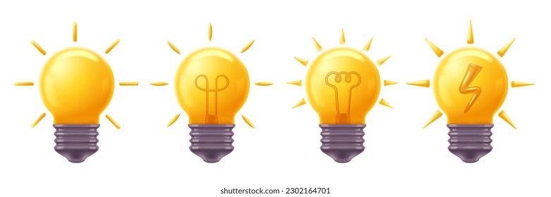 Light bulb 3D icons. Shiny bright idea or innovative solution symbol, electric energy and yellow bulbs vector set of idea bright energy innovation illustration