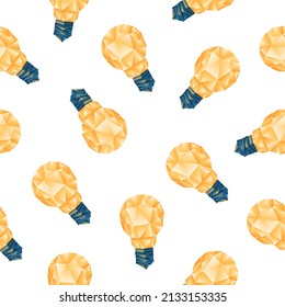 Light bulb 3d low poly seamless pattern. Glowing yellow lightbulb. Creative polygonal lamp on a dark blue background. Vector design illustration.