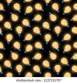 Light bulb 3d low poly seamless pattern. Glowing yellow lightbulb. Creative polygonal lamp on a dark blue background. Vector design illustration.