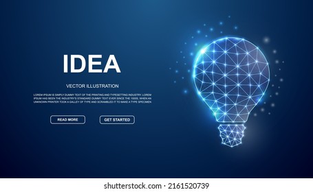 Bombilla 3d símbolo de popa baja con puntos conectados para la página de aterrizaje azul. Concepto de ilustración de diseño inspirador. Ilustración de la innovación poligonal