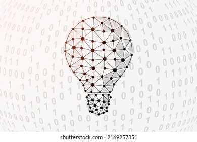 Light bulb 3d low poly symbol with binary code background. Idea design vector illustration. Innovation polygonal symbol with connected dots