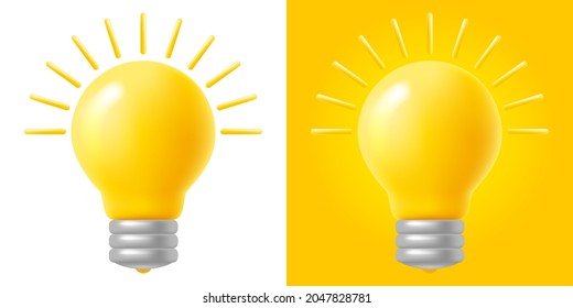 Light bulb in 3d minimalistic style. Inspiration and new creative idea concept. Innovation solution of task in business. Bright icon, on white and yellow backgrounds. Vector illustration.