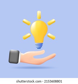 Light bulb 3d on hand, yellow light bulb icon. Idea, solution, business, strategy concept. style minimal. vector illustration.