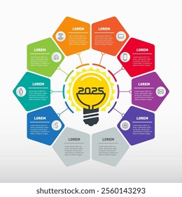 Light Bulb with 8 Colorful Pentagon Steps. Modern Template for Strategy and Vision Planning. Bright Ideas 2025 Circle Diagram. Strategy Infographic Template. 2025 Innovative Business Infographic.