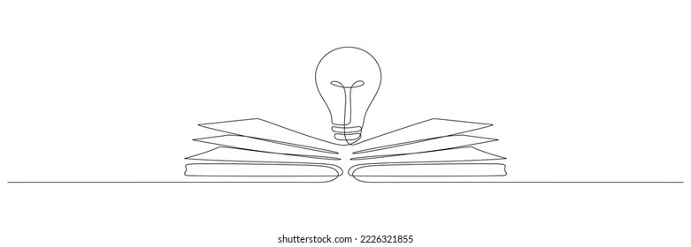 Light bulb above book continuous one line art drawing. Line drawing open book with lamp idea symbol. School education concept. Vector illustration isolated on white.
