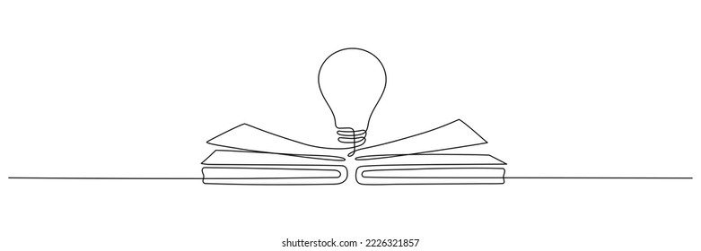 Light bulb above book continuous one line art drawing. Line drawing open book with lamp idea symbol. School education concept. Vector illustration isolated on white.