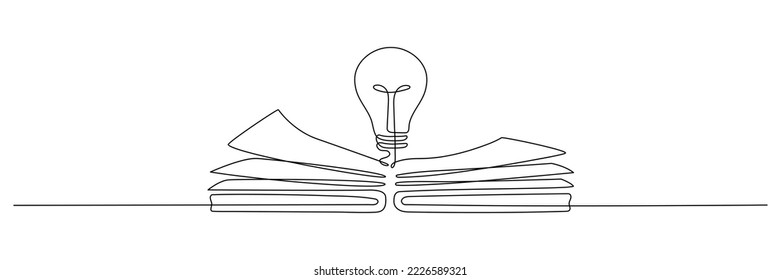 Light bulb above book continuous one line art drawing. Line drawing open book with lamp idea symbol. School education concept. Vector illustration isolated on white.