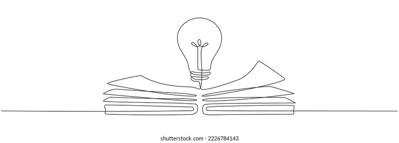 Light bulb above book continuous one line art drawing. Line drawing open book with lamp idea symbol. School education concept. Vector illustration isolated on white.