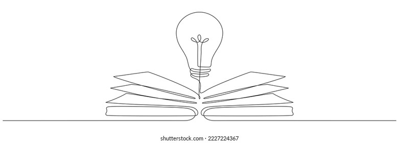 Light bulb above book continuous one line art drawing. Line drawing open book with lamp idea symbol. School education concept. Vector illustration isolated on white.