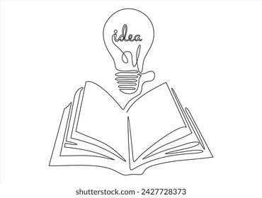 Glühbirne über Buch kontinuierliche Ein-Linien-Kunst-Zeichnung. Linienzeichnung offenes Buch mit Lampenideensymbol. Schulbildungskonzept. Vektor-Illustration isoliert auf weiß.
