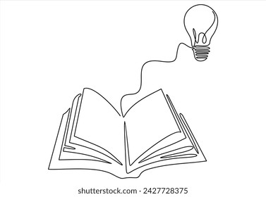 Light bulb above book continuous one line art drawing. Line drawing open book with lamp idea symbol. School education concept. Vector illustration isolated on white.