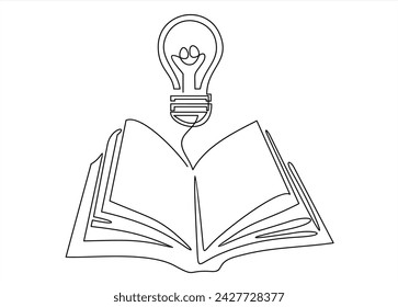Glühbirne über Buch kontinuierliche Ein-Linien-Kunst-Zeichnung. Linienzeichnung offenes Buch mit Lampenideensymbol. Schulbildungskonzept. Vektor-Illustration isoliert auf weiß.