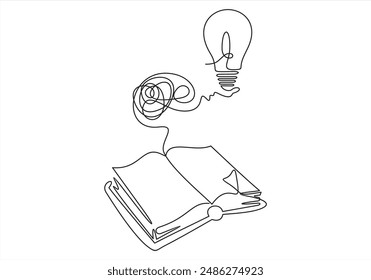 Bombilla encima del libro dibujo de arte continuo de una línea. Libro abierto de dibujo de líneas con símbolo de idea de lámpara. Concepto de educación escolar. Ilustración vectorial aislada en blanco.