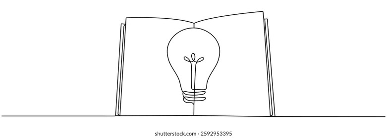 Light bulb above book continuous one line art drawing. Line drawing open book with lamp idea symbol. Wisdom concept. Vector illustration isolated on white.