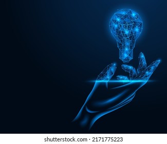 Una bombilla de luz sobre la mano. Industria de la energía eléctrica digital. Diseño poligonal de líneas y puntos. Fondo azul.