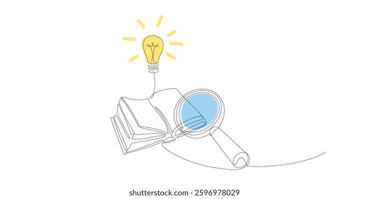 Light bulb above open book and magnifier drawing in one continuous line style. Single line art for education science business concept with loupe lamp notebook. Innovation idea banner. Magnifying glass