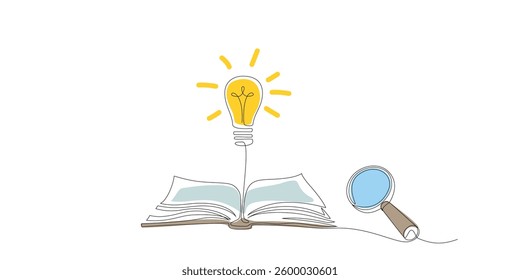 Light bulb above open book and magnifier drawing in one continuous line style. Single line art for education science business concept with loupe lamp notebook. Magnifying glass. Editable stroke