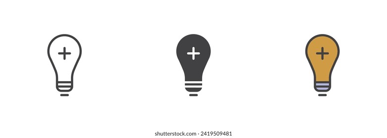 Light bulb add different style icon set. Line, glyph and filled outline colorful version, outline and filled vector sign. Lamp with plus Symbol, logo illustration. Vector graphics